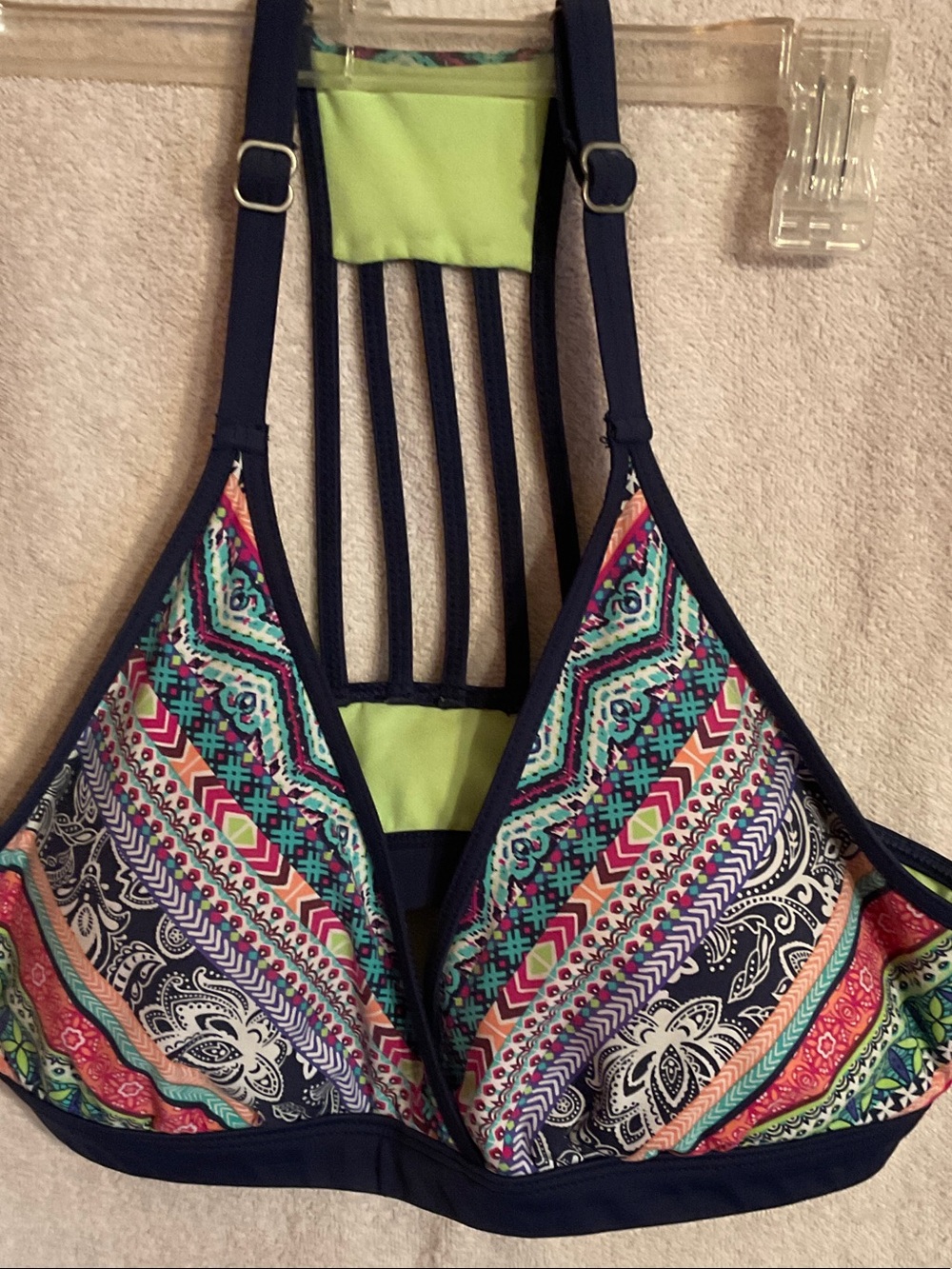 Title Nine Lime Green and Navy Strappy Bikini Top